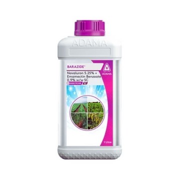 Barazide insecticide bottle containing Novaluron 5.25% and Emamectin Benzoate 0.9% SC, used for effective pest control in crops.
