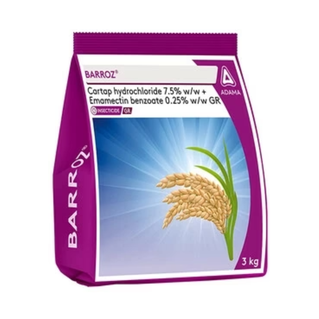 Barroz Insecticide – Cartap Hydrochloride 7.5% + Emamectin Benzoate 0.25% formulation for effective control of stem borer and leaf folder in rice crops.