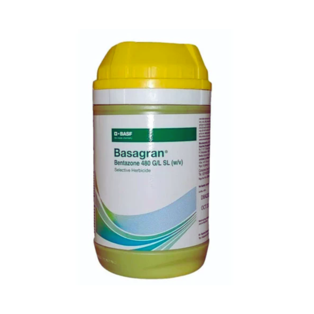Basagran herbicide containing Bentazone 480 g/L (48% SL), used for effective post-emergence weed control in crops.