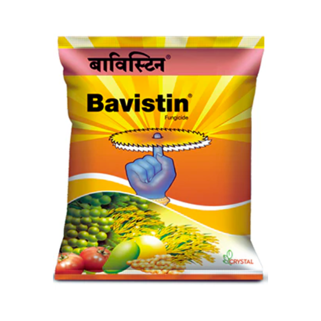 Bavistin insecticide/fungicide packet containing Carbendazim 50% WP, used for controlling fungal diseases like wilt, blight, and rot in crops such as wheat, rice, vegetables, and fruits.