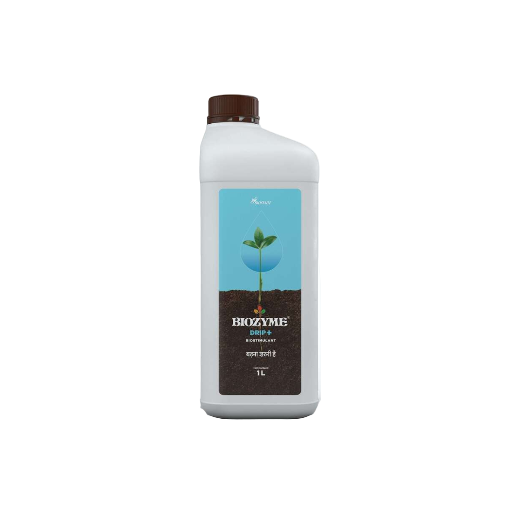 Biozyme Drip+ biostimulant containing seaweed extract (Ascophyllum nodosum) for enhancing root growth, soil health, and overall plant vigor via drip irrigation or drenching.
