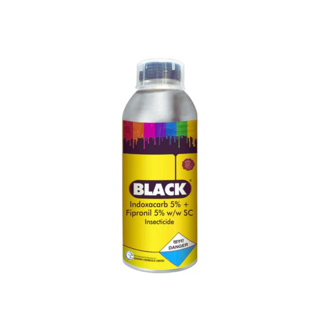 Black Insecticide bottle – containing Indoxacarb 5% + Fipronil 5% SC. A dual-action insecticide providing both contact and systemic control against major sucking and chewing pests such as bollworms, leaf folders, aphids, and whiteflies, ensuring effective pest management and healthier crop growth.