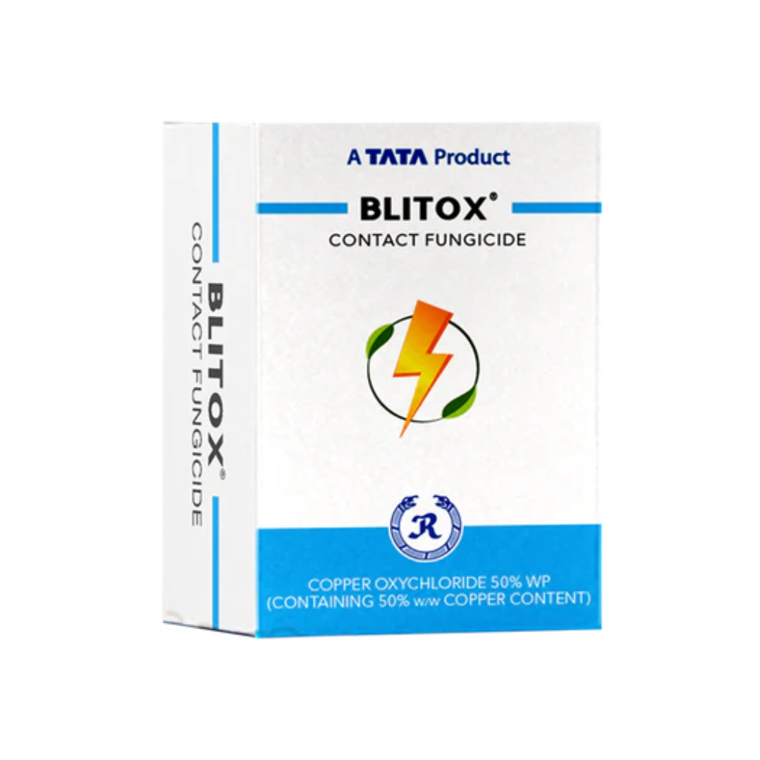 Blitox Copper Oxychloride 50% WP – broad-spectrum fungicide in wettable powder form, controlling bacterial and fungal diseases in fruits, vegetables, and crops, ensuring healthy plant growth and improved yield.