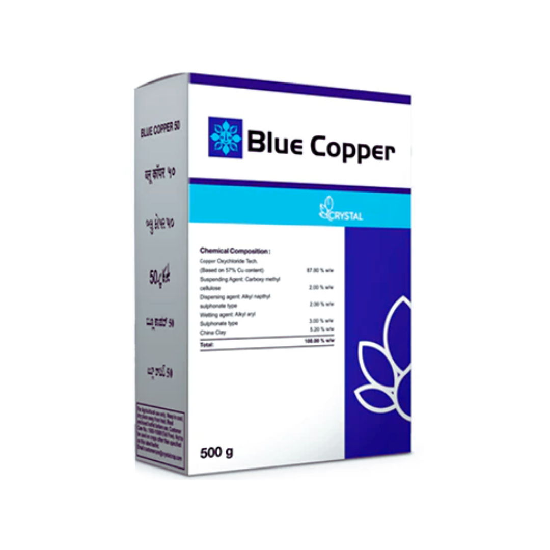 Blue Copper fungicide pack showing formulation - Copper Oxychloride 50% WP - a broad-spectrum, water-dispersible fungicide used to control bacterial and fungal diseases like blight, downy mildew, and leaf spot in crops such as vegetables, fruits, and cereals, ensuring healthy plant growth and improved yield.