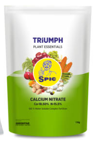 SPIC Triumph Calcium Nitrate fertilizer – 1 kg pack with label, containing 18.5% Calcium and 15.5% Nitrogen for nutrient deficiency correction