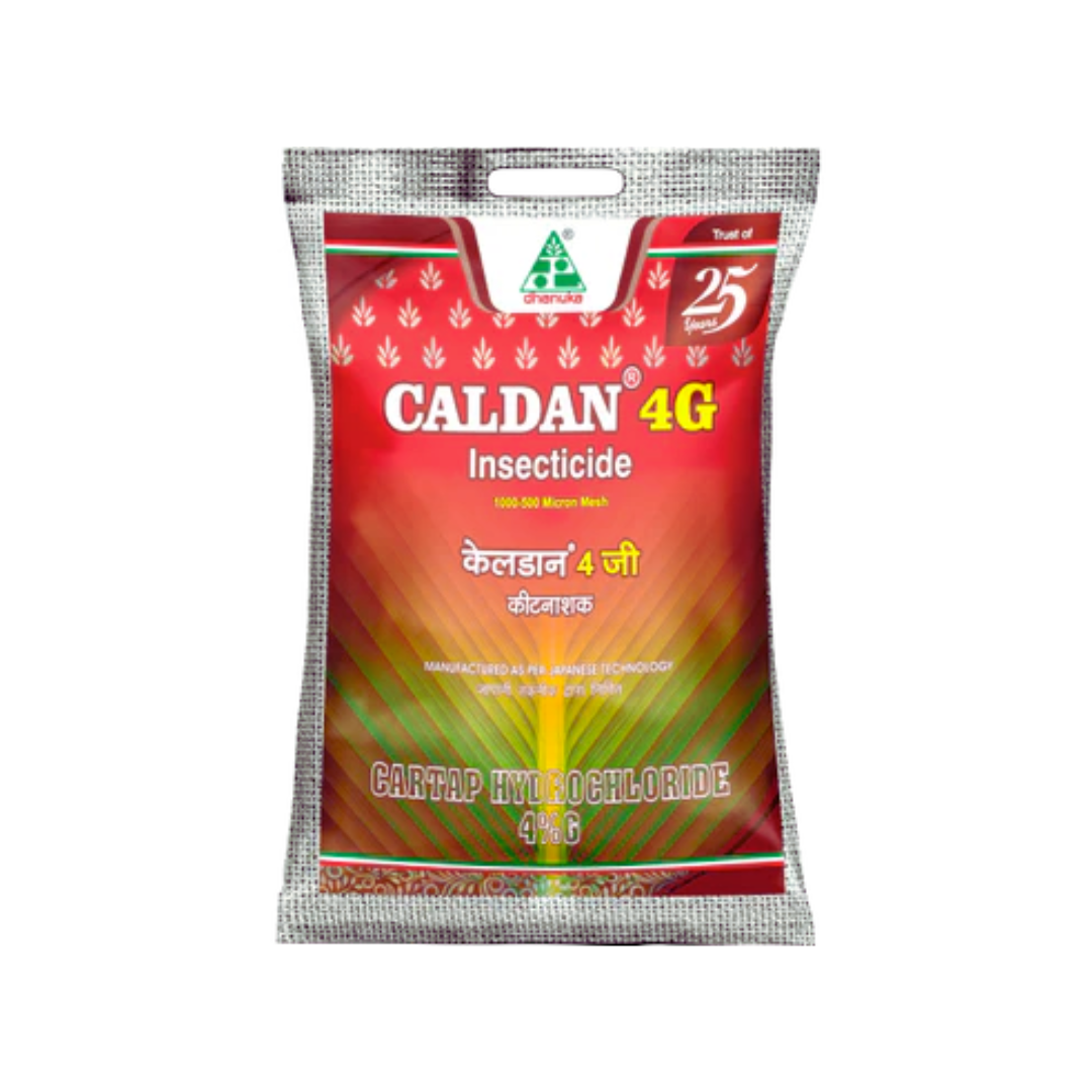 Caldan 4G insecticide containing Cartap Hydrochloride 4% G, a granular systemic insecticide for effective control of caterpillars, borers, and sucking pests in crops like paddy, cotton, and vegetables.