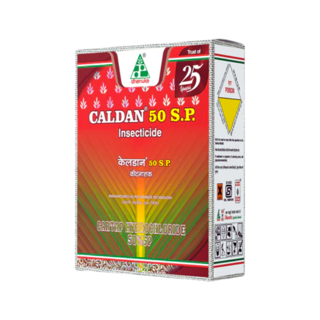 Caldan 50 SP Insecticide by Dhanuka, containing Cartap Hydrochloride 50% SP, is a systemic, contact, and stomach poison insecticide effective against stem borers, leaf folders, and whorl maggots in paddy crops.