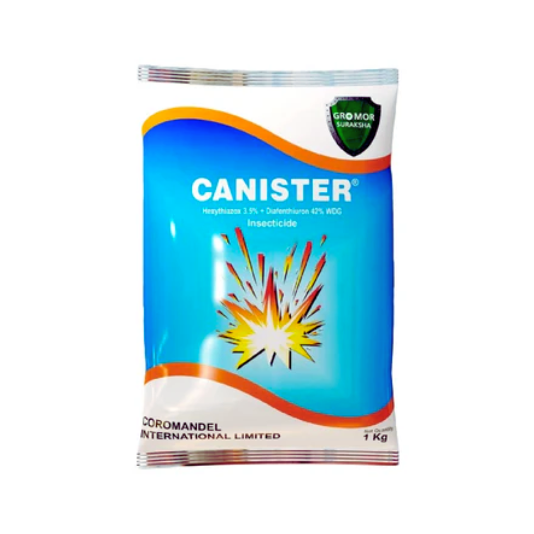 Canister is a dual-action insecticide combining Hexythiazox 3.5% and Diafenthiuron 42% WDG, providing broad-spectrum control of mites and insect pests across all life stages in crops.