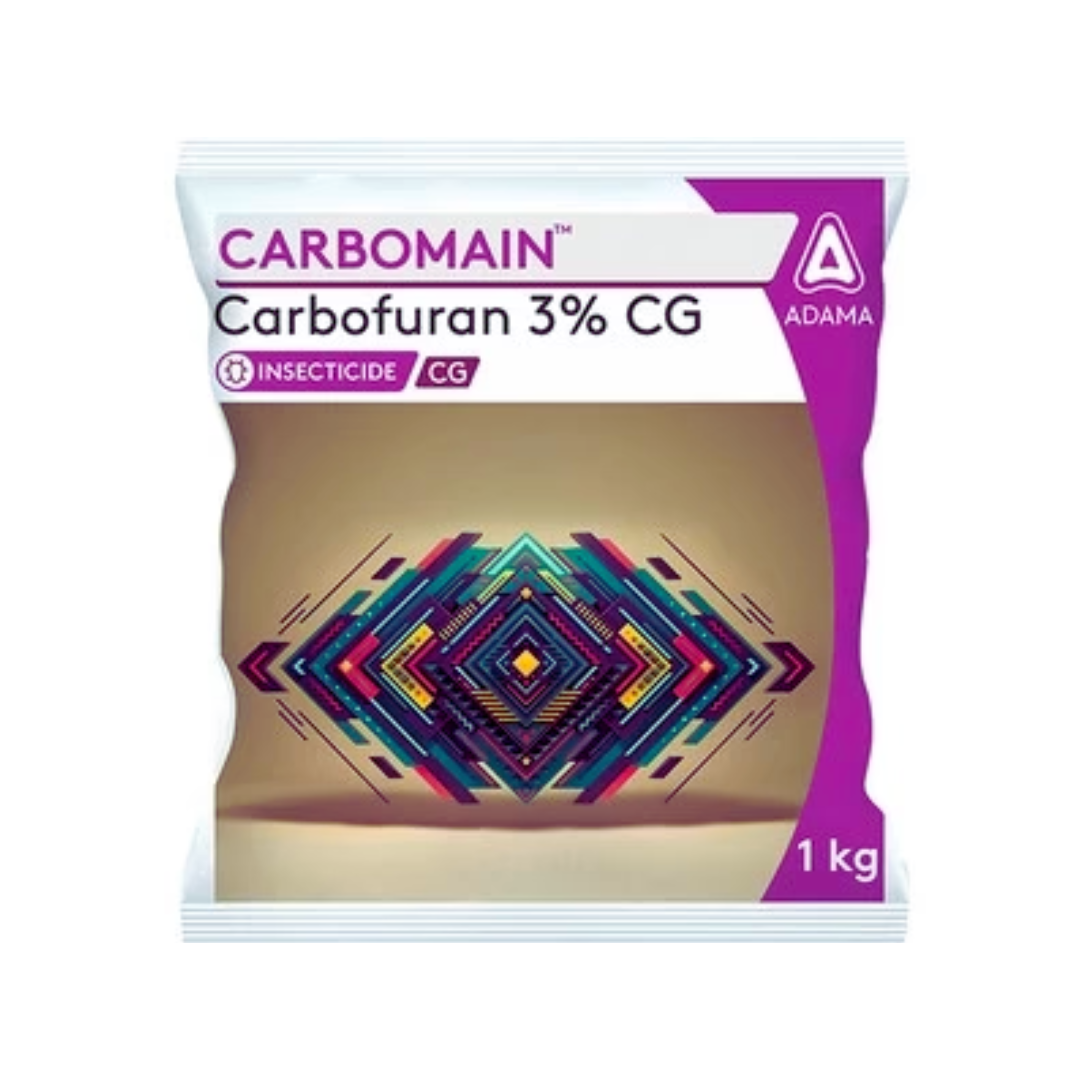 Carbomain insecticide containing Carbofuran 3% CG, used for controlling soil-borne pests in crops.