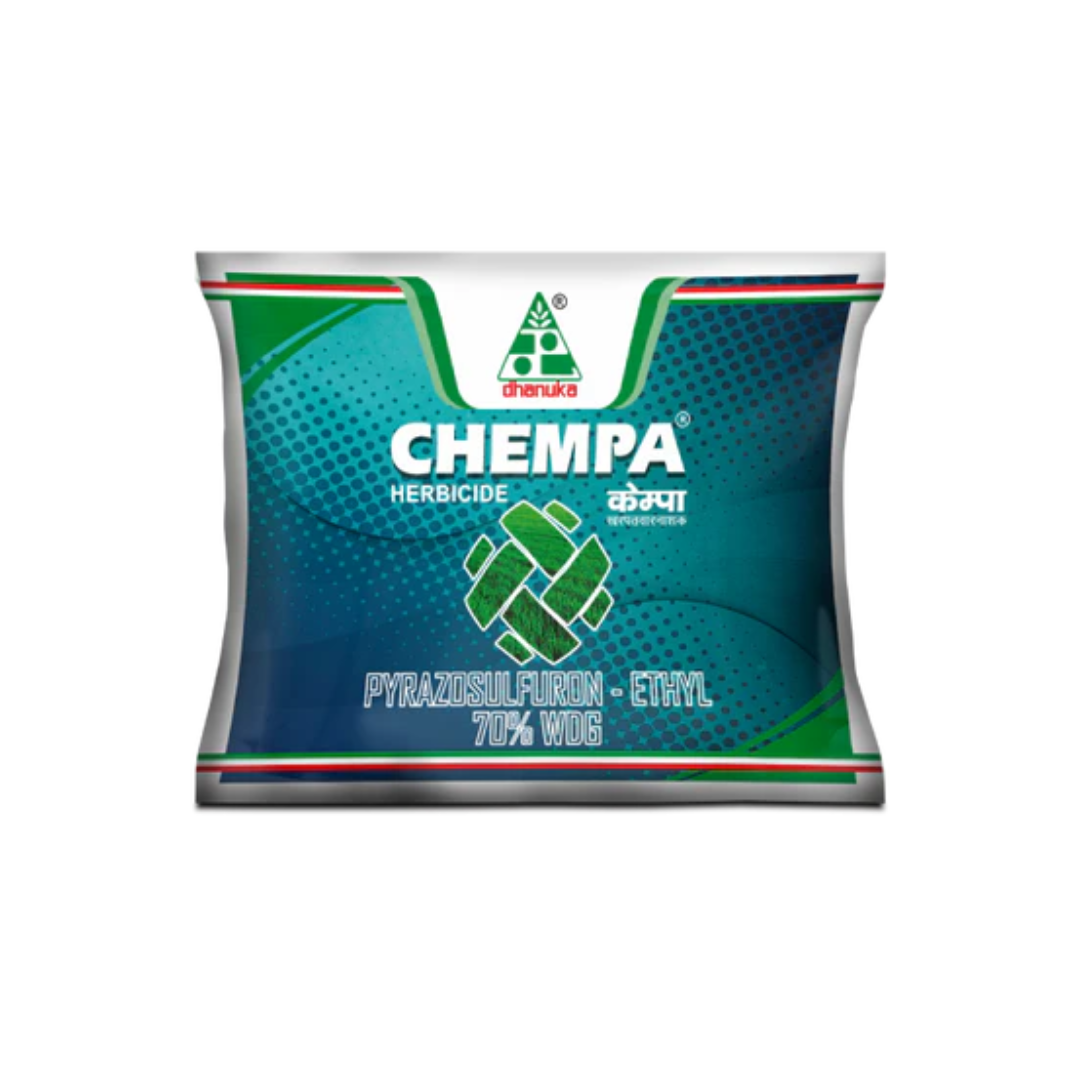 Chempa Herbicide (Pyrazosulfuron-Ethyl 70% WDG) by Dhanuka – a selective, pre- and early post-emergence herbicide for paddy that effectively controls broadleaf weeds, sedges, and grassy weeds. Provides long-lasting weed suppression, ensuring healthy rice crop growth and higher yield potential.
