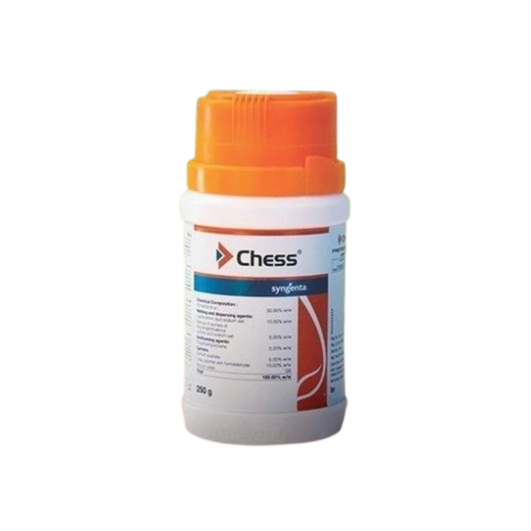 "Chess Insecticide — Pymetrozine 50% WDG formulation by Syngenta in a white and branded packaging, designed for effective control of sucking pests like aphids, whiteflies, and hoppers in crops. The product label highlights its systemic action and water-dispersible granule form for easy mixing and application."