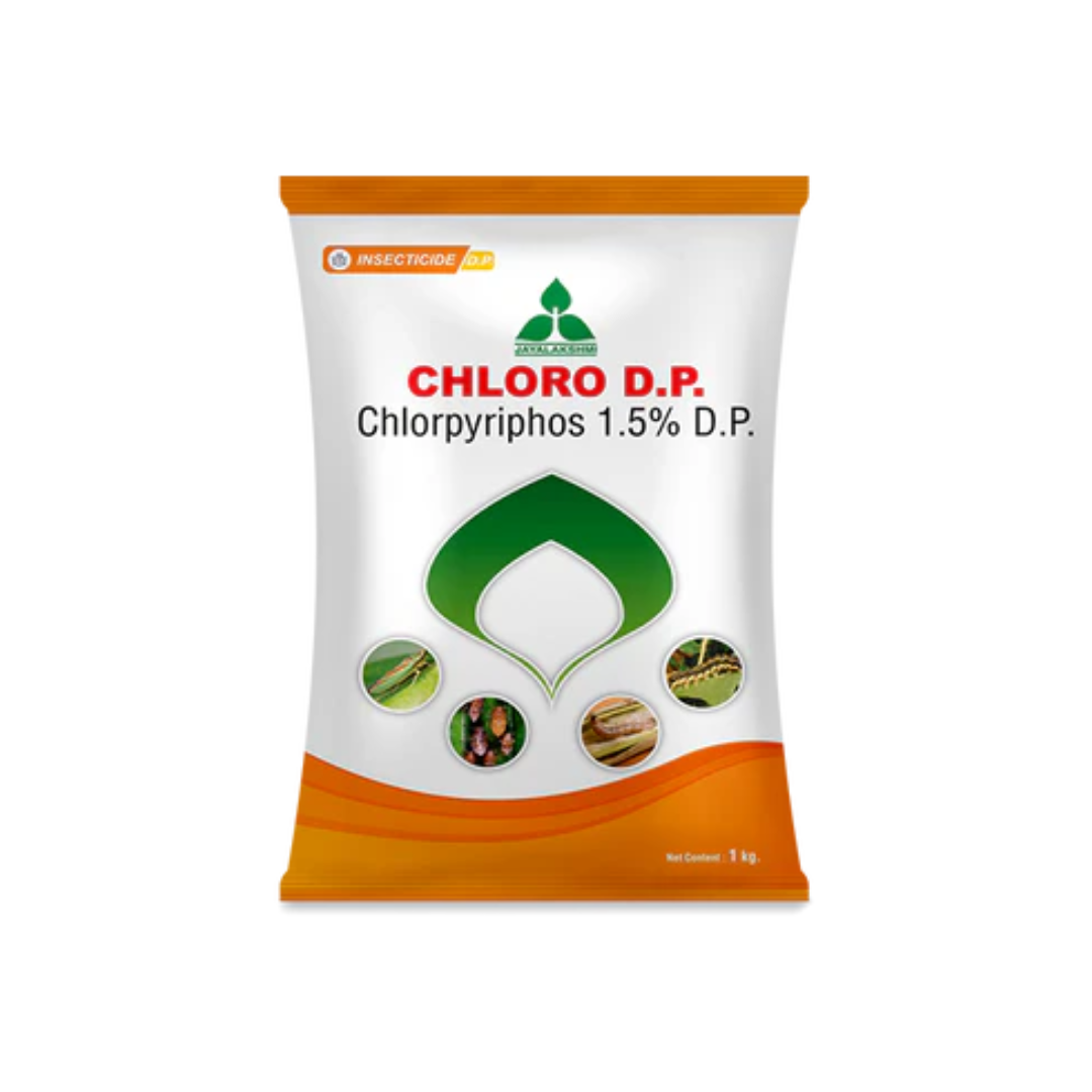 Chloro DP Insecticide containing Chlorpyrifos 1.5% DP, a broad-spectrum insecticide for effective control of sucking and chewing pests in crops like cotton, vegetables, and pulses, providing rapid knockdown and long-lasting protection.