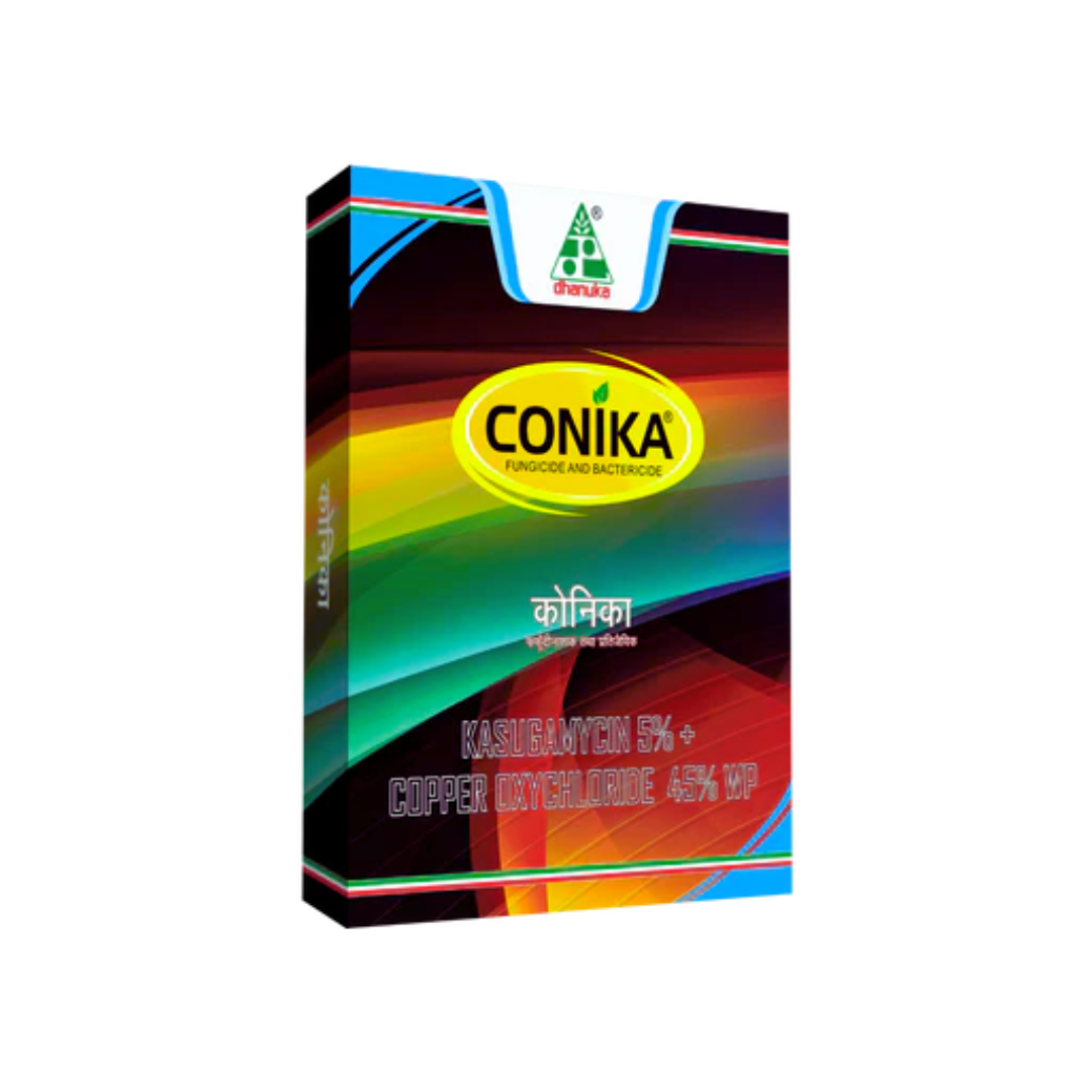 Conika is a broad-spectrum fungicide containing Kasugamycin 5% + Copper Oxychloride 45% WP, formulated to control bacterial and fungal diseases in rice and other crops, offering both protective and curative action for healthier plants and improved yield.