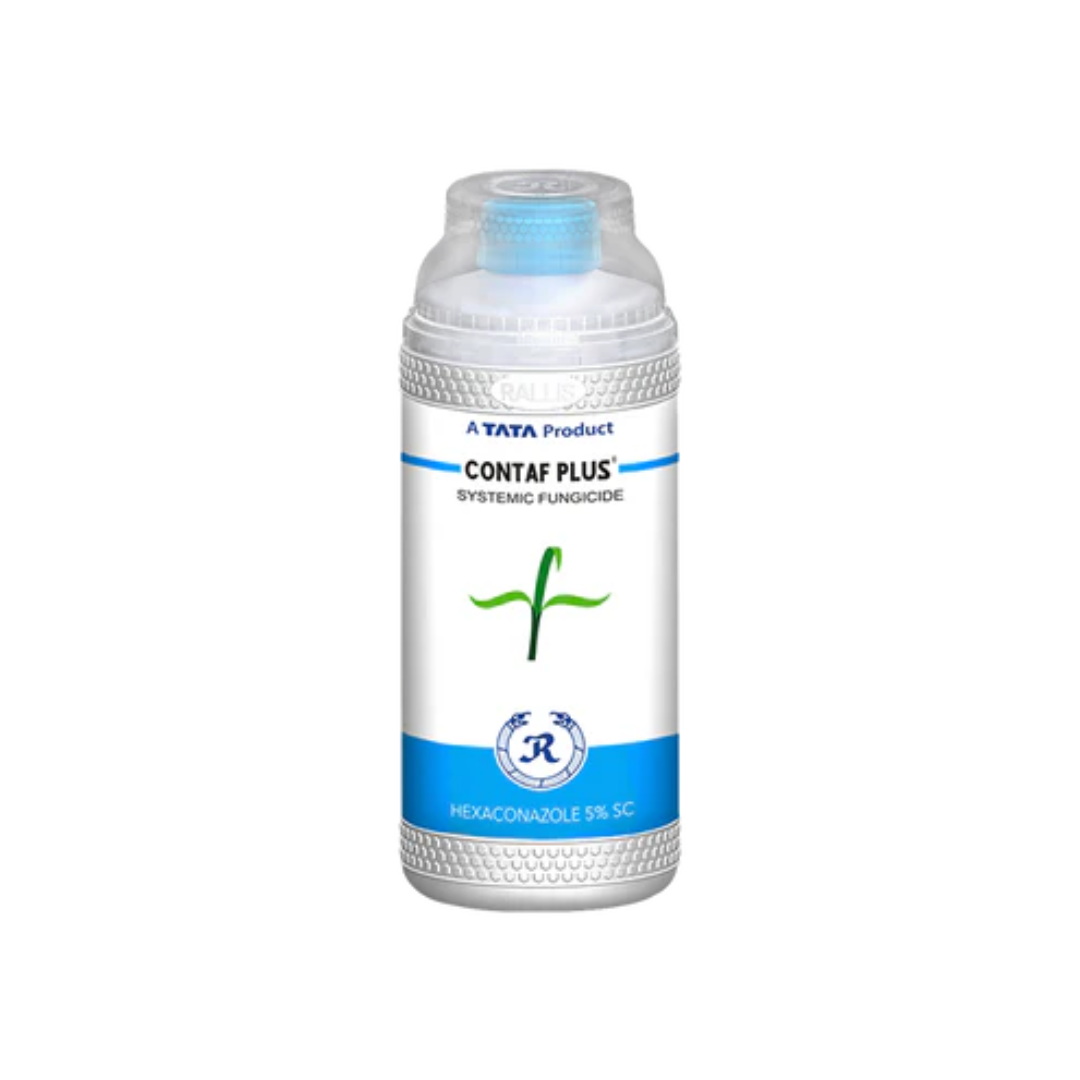 Contaf Plus – Systemic fungicide containing Hexaconazole 5% SC, providing preventive and curative control of fungal diseases in crops like paddy, maize, and vegetables.