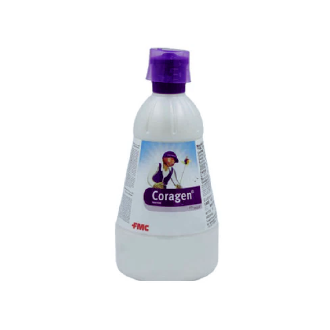 Coragen is a broad-spectrum insecticide formulated with Chlorantraniliprole 18.5% w/w SC, offering systemic and translaminar control of lepidopteran pests like caterpillars and borers in crops such as rice, cotton, tomato, and vegetables, ensuring healthy crop growth and higher yields.