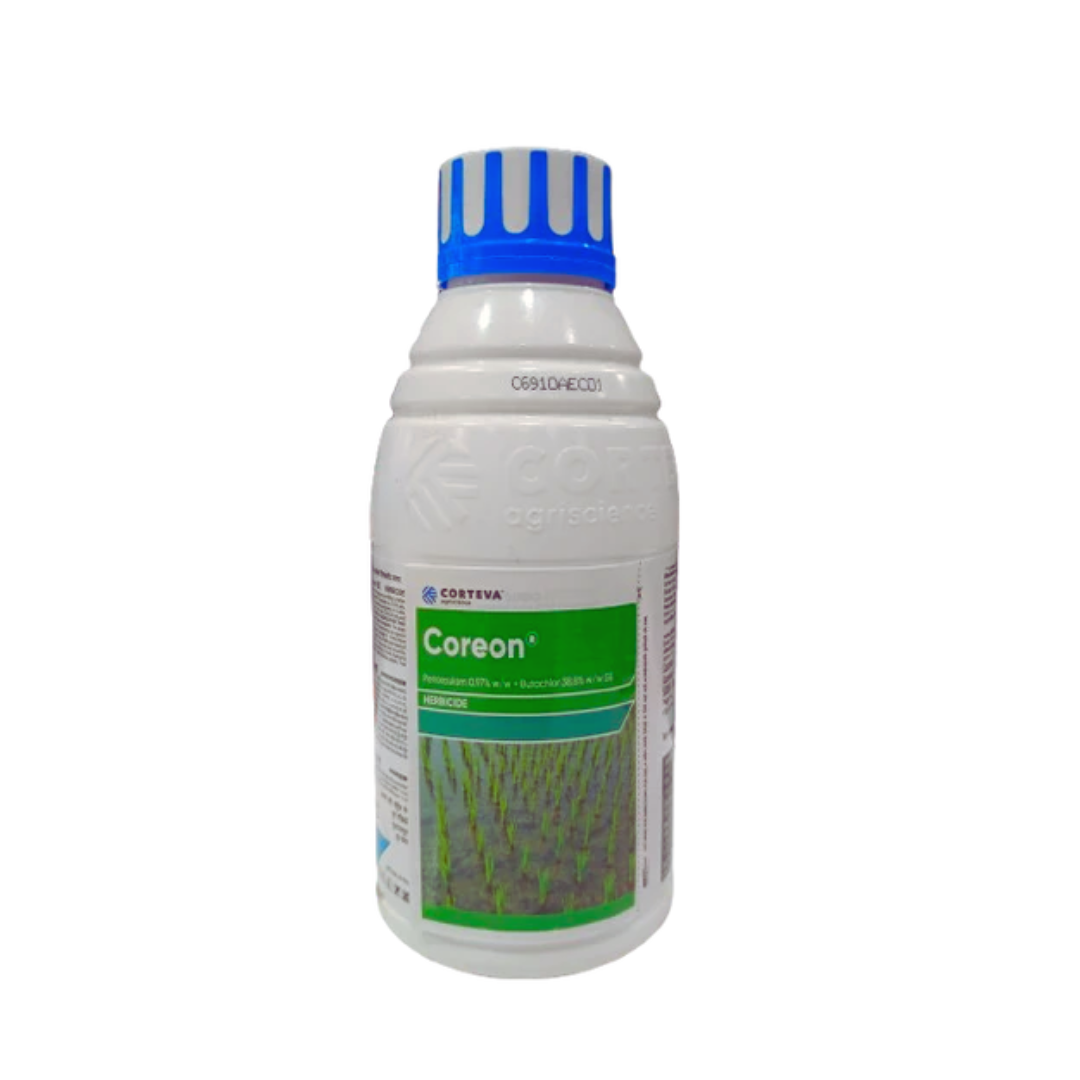 Coreon herbicide (Penoxsulam 0.97% + Butachlor 38.8%) is a pre-emergence and early post-emergence herbicide used in paddy fields to control a broad spectrum of grasses, sedges, and broadleaf weeds, promoting healthy and weed-free rice crop establishment.
