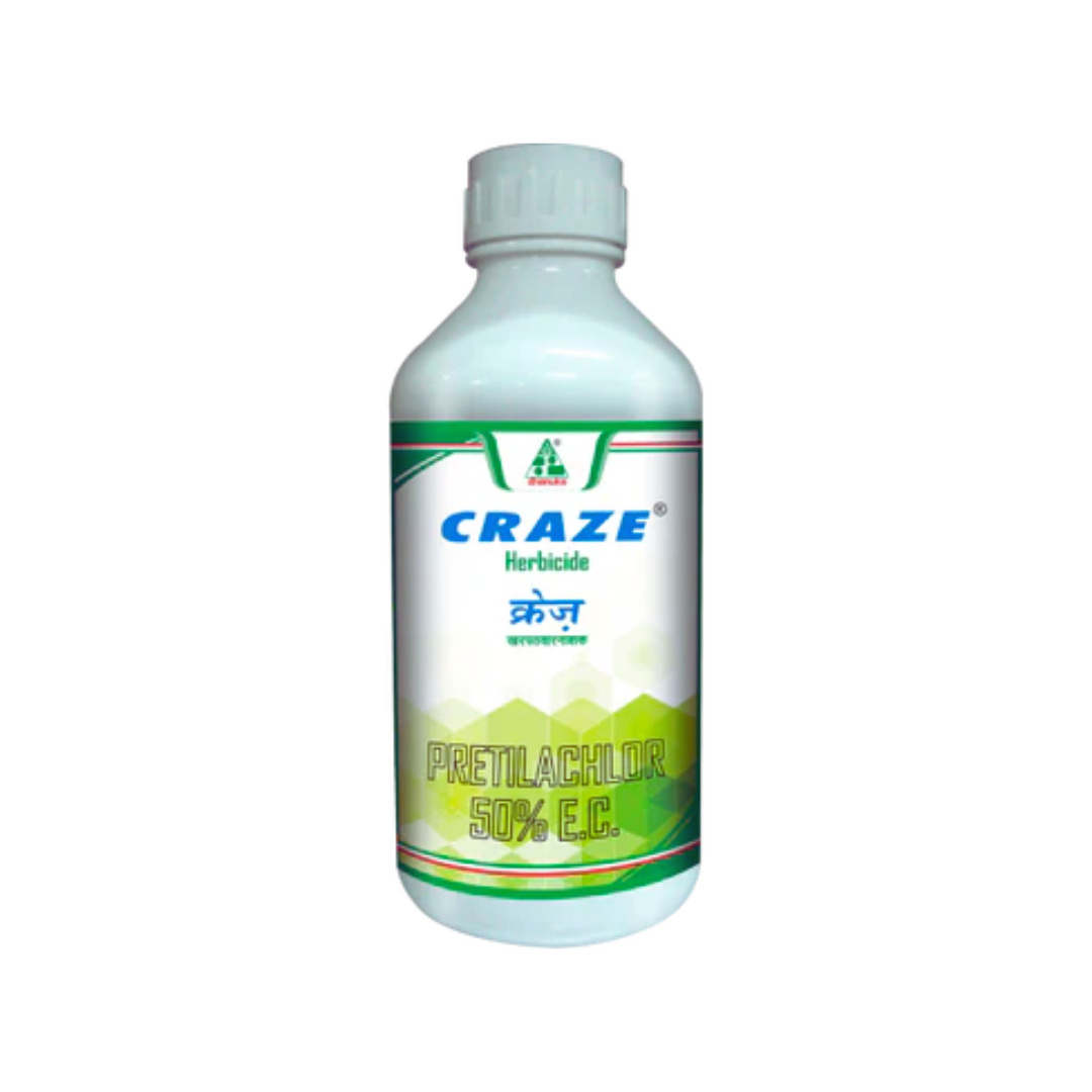Craze Herbicide (Pretilachlor 50% EC) by Dhanuka — a pre-emergence selective herbicide used in transplanted paddy for effective control of annual grasses, sedges, and broadleaf weeds. It provides long-lasting weed-free fields and promotes healthy rice crop establishment.