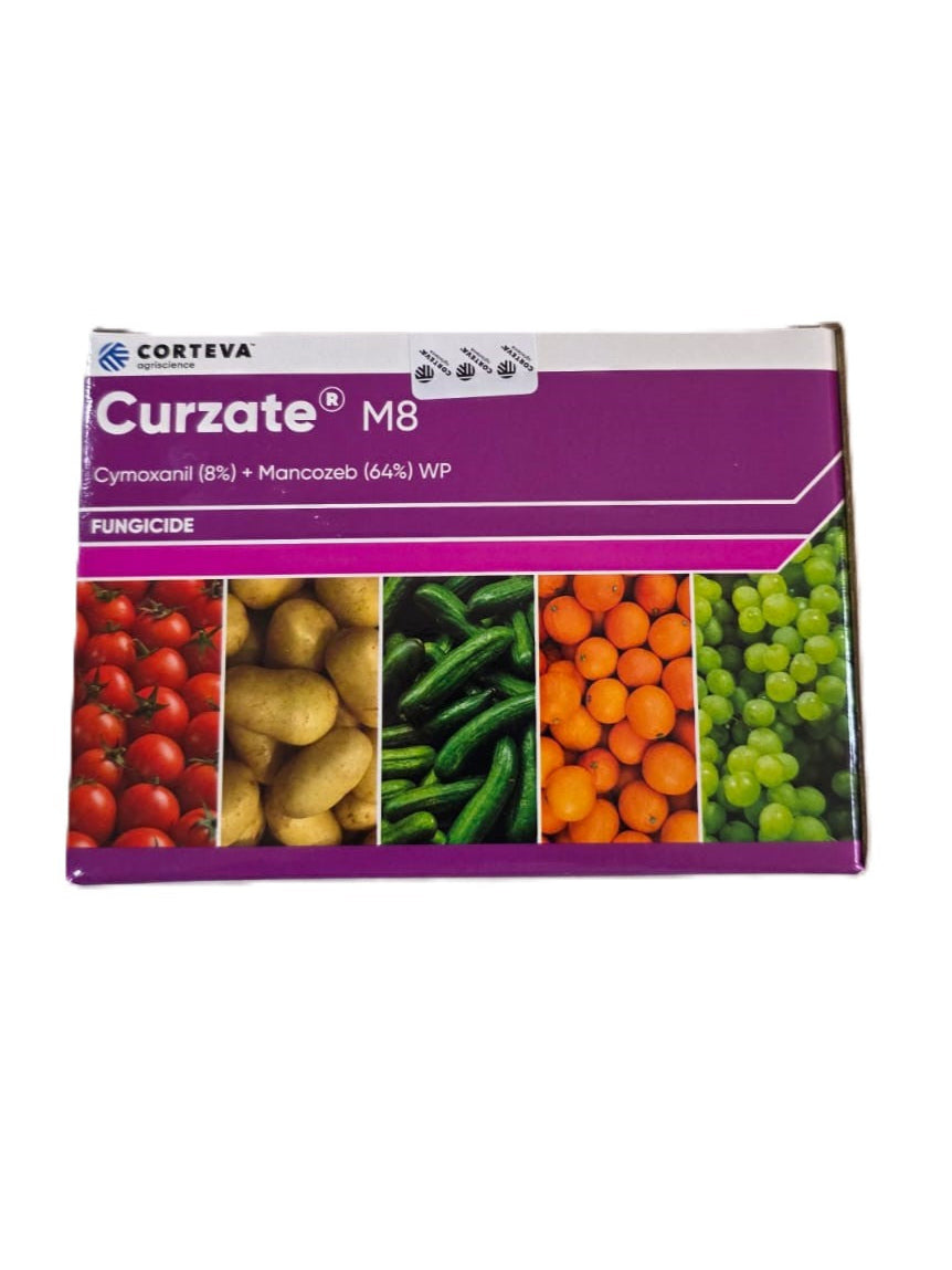 Curzate M8 Fungicide – Cymoxanil 8% + Mancozeb 64% WP by Corteva, a broad-spectrum wettable powder fungicide providing preventive and curative control against fungal diseases in crops like tomato, potato, and vegetables.
