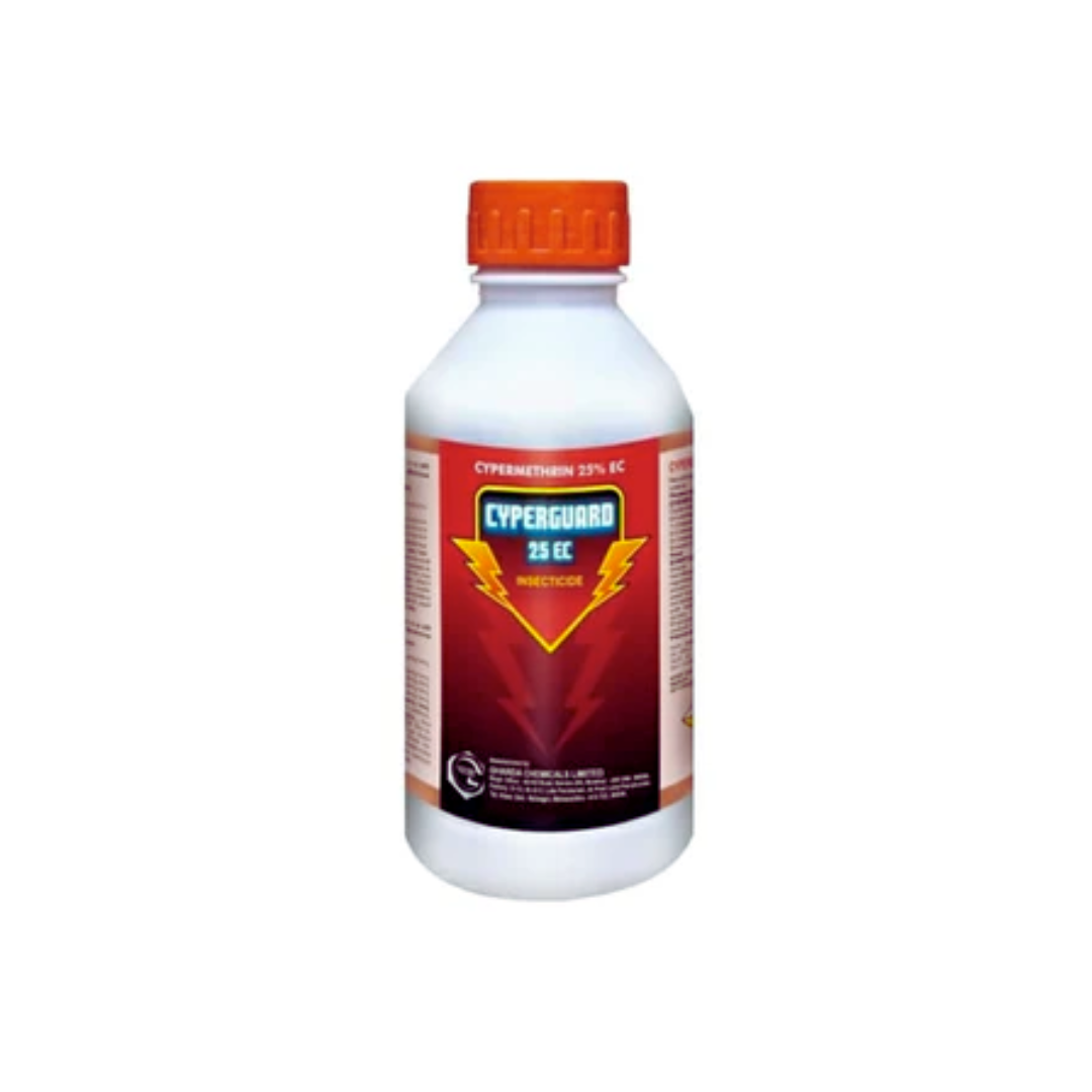 Cyperguard Insecticide bottle – containing Cypermethrin 25% EC. A broad-spectrum contact insecticide effective against sucking and chewing pests such as aphids, jassids, whiteflies, bollworms, and leaf eaters, providing fast knockdown and protecting a variety of crops including cotton, vegetables, and cereals.