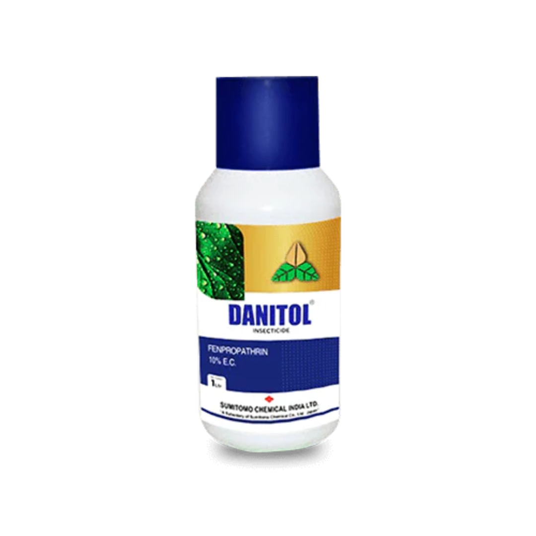 "Danitol Insecticide by Sumitomo Chemical, containing Fenpropathrin 10% EC, is a broad-spectrum contact and systemic insecticide used to control sucking and chewing pests in crops like cotton, vegetables, and fruits, providing rapid knockdown and residual protection."