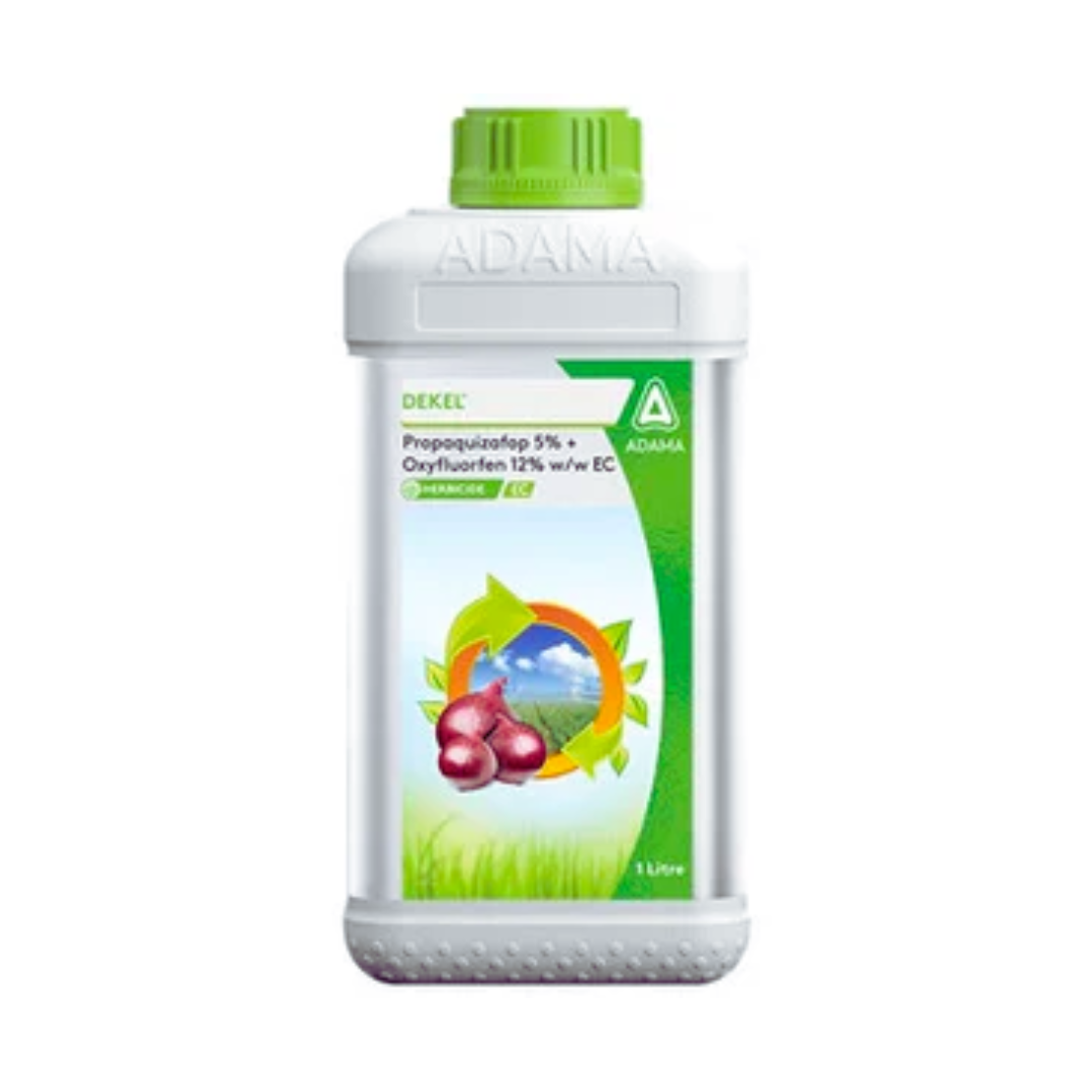 Dekel herbicide containing Propaquizafop 5% and Oxyfluorfen 12% w/w EC, used for effective weed control in crops.