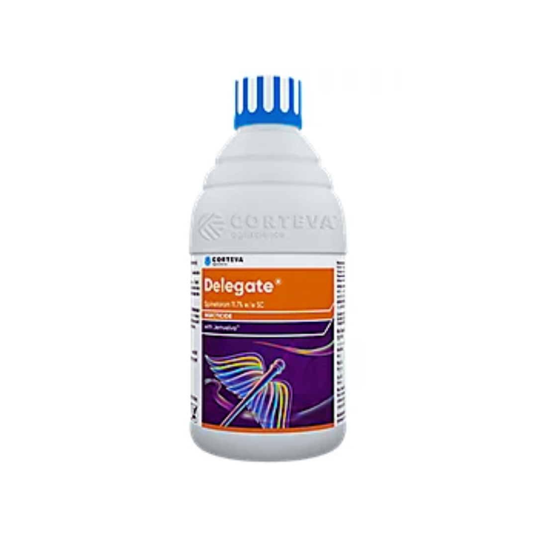 Corteva Delegate (Spinetoram 11.7% SC) insecticide bottle with label — a broad-spectrum product offering rapid control of lepidopteran pests, thrips, and leaf miners on various crops. Features systemic and translaminar action for long-lasting protection and high crop safety.