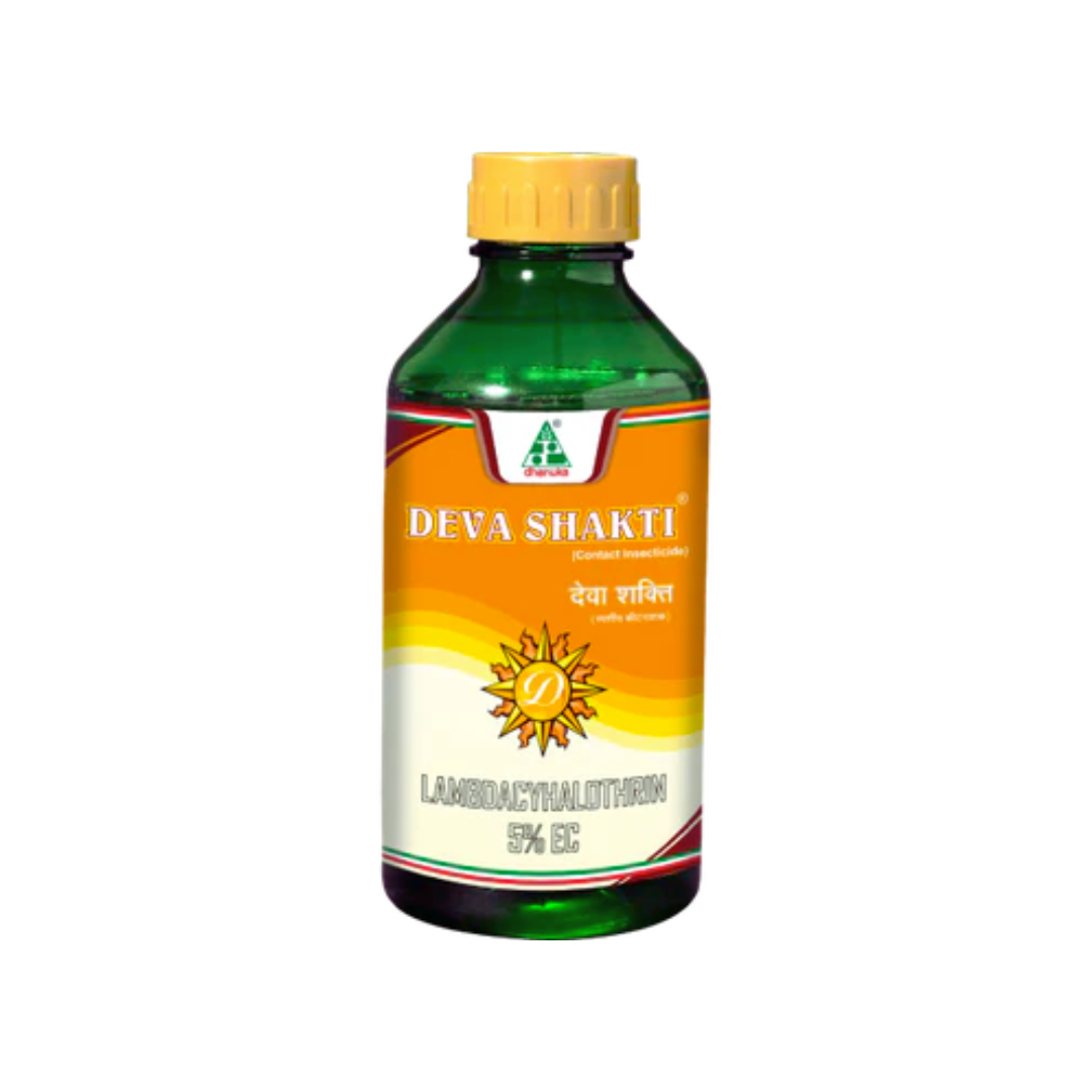Deva Shakti Insecticide (Lambda-Cyhalothrin 5% EC) by Dhanuka – broad-spectrum contact insecticide effective against chewing and sucking pests in crops like cotton, maize, vegetables, and more.