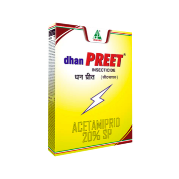 Dhanpreet Insecticide containing Acetamiprid 20% SP – a systemic insecticide for effective control of sucking pests like aphids, whiteflies, jassids, and thrips in crops such as cotton, vegetables, and fruits.