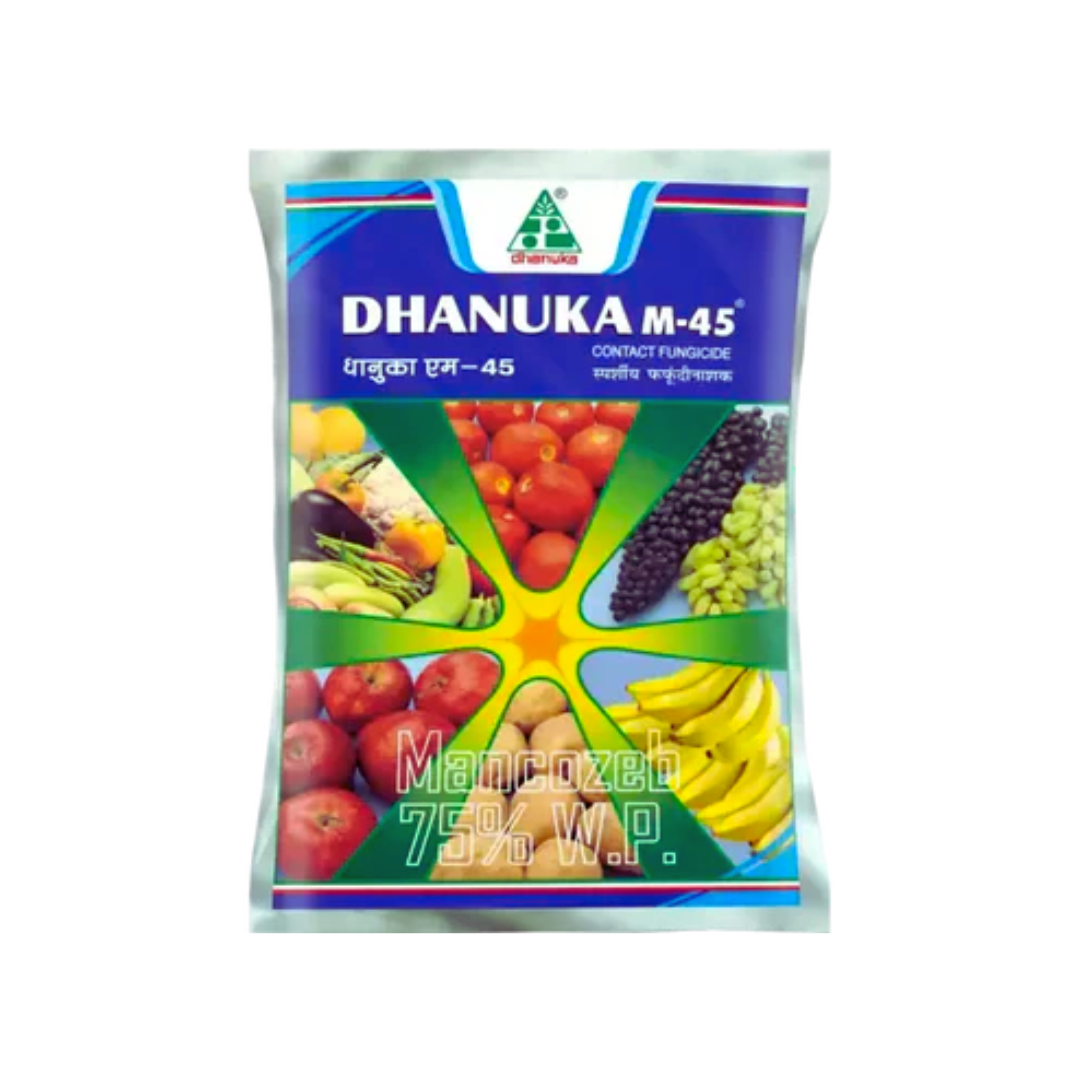 Dhanuka M45 Fungicide, Mancozeb 75% WP, a broad-spectrum fungicide for controlling fungal diseases in crops like tomato, potato, and paddy through preventive action.