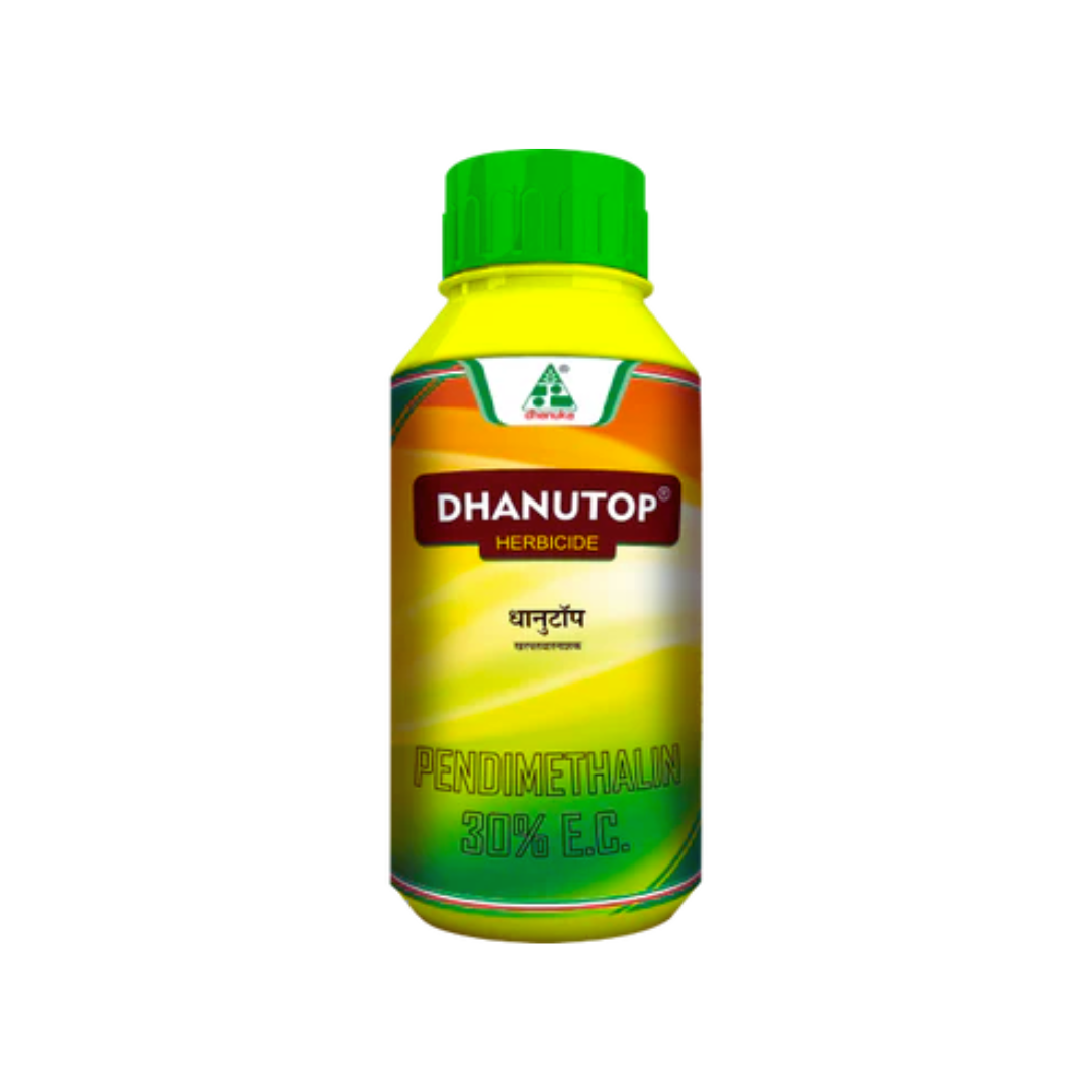 Dhanutop Herbicide containing Pendimethalin 30% EC – a pre-emergence and early post-emergence herbicide for effective control of grasses and broadleaf weeds in crops.
