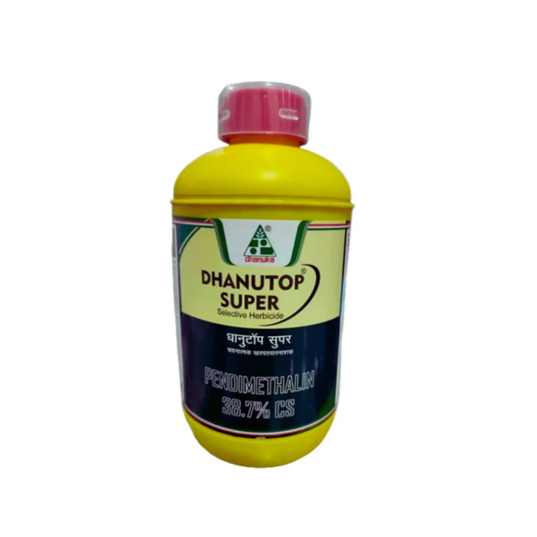 Dhanuka Dhanutop Super is a pre-emergence herbicide containing Pendimethalin 38.7% CS, designed to control annual grasses and broadleaf weeds in crops like groundnut, soybean, maize, and cotton, ensuring better crop establishment and higher yields.
