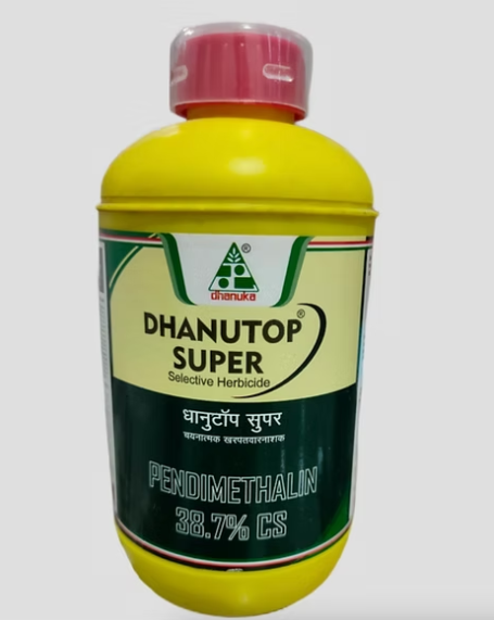 Dhanutop Super herbicide – Pendimethalin 38.7% CS in 500 mL bottle with label, selective pre‑emergence weed control.