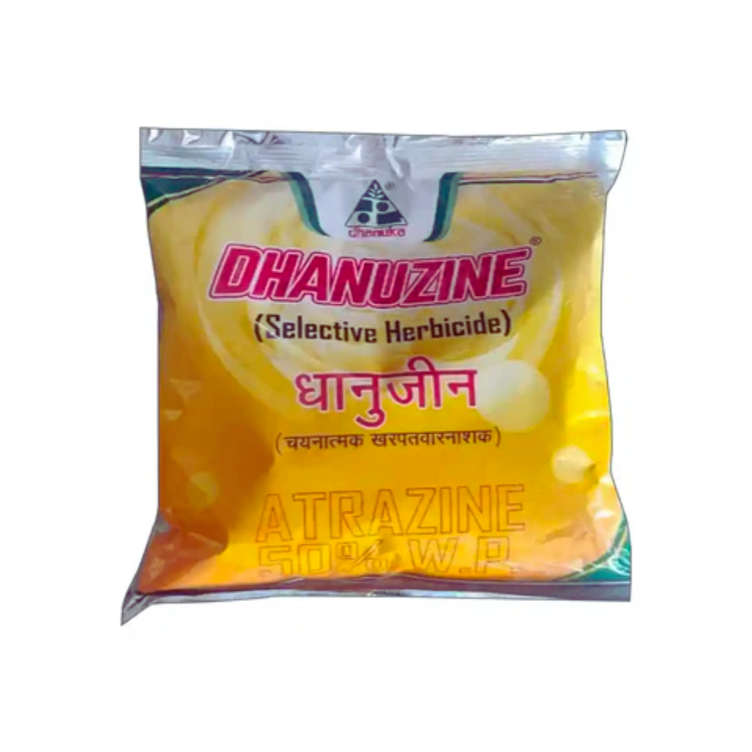 Dhanuka Dhanuzine Atrazine 50% WP – selective pre-emergence herbicide for controlling broadleaf weeds and grasses in crops like maize, sugarcane, and sorghum, ensuring improved crop growth and yield.