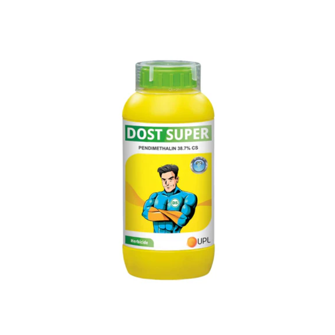 "Dost Super Herbicide containing Pendimethalin 38.7% CS by UPL is a selective pre-emergence herbicide designed to control a wide range of annual grasses and broadleaf weeds in crops like maize, soybean, and cotton, ensuring healthy crop establishment and higher yields."