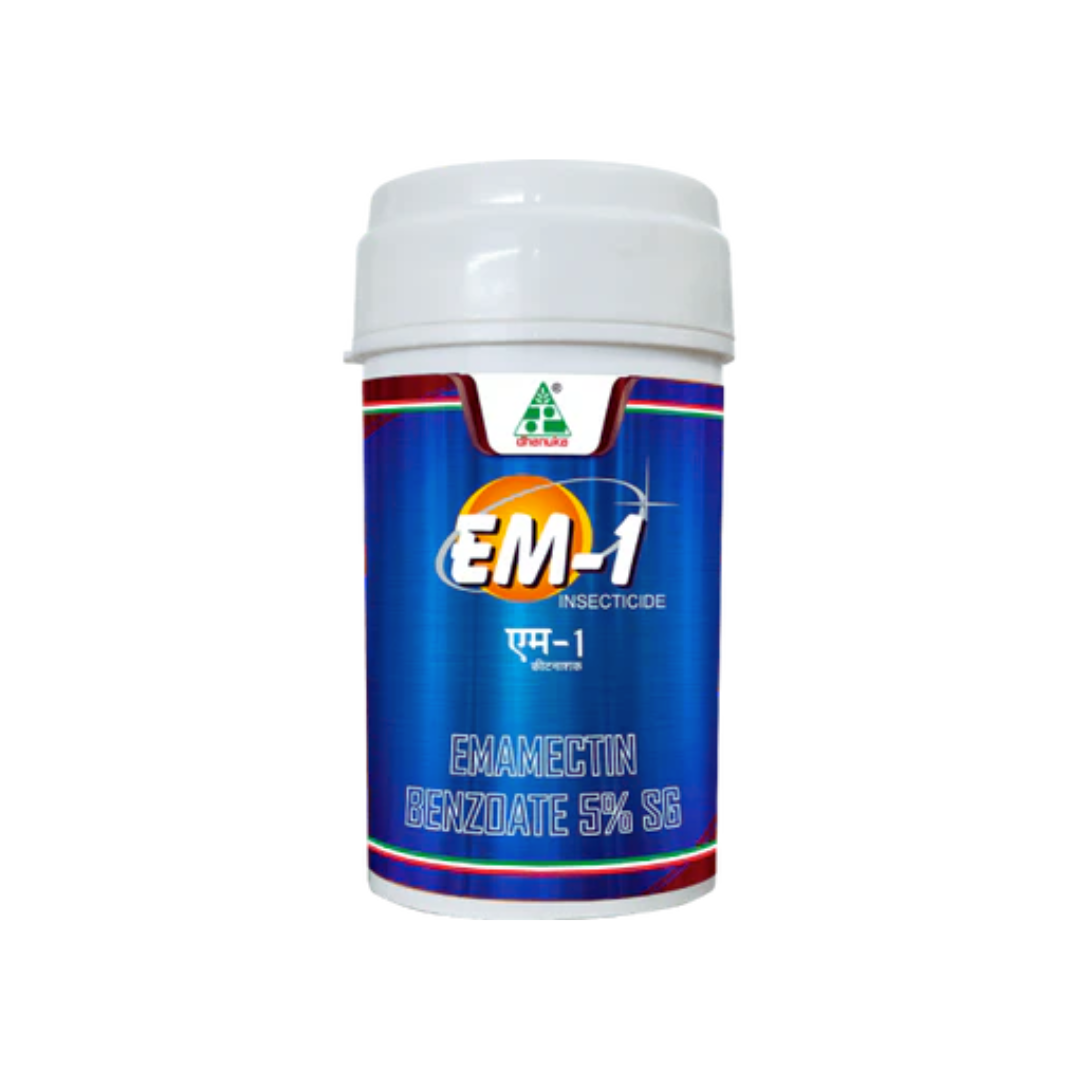 EM 1 Insecticide (Emamectin Benzoate 5% SG) – a systemic insecticide for controlling caterpillars, borers, and sucking pests in crops like cotton, vegetables, pulses, grapes, and tea, providing fast knockdown and long-lasting protection with translaminar action.