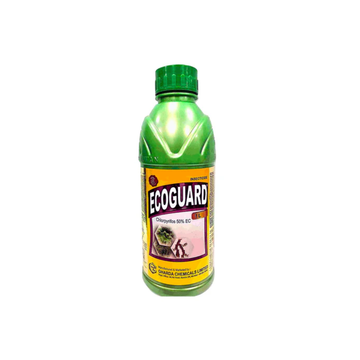 Ecoguard Insecticide bottle – formulated with Chlorpyrifos 50% EC. A broad-spectrum contact and stomach insecticide effective against soil and foliar pests such as termites, borers, and sucking insects, providing reliable protection for a wide range of crops.