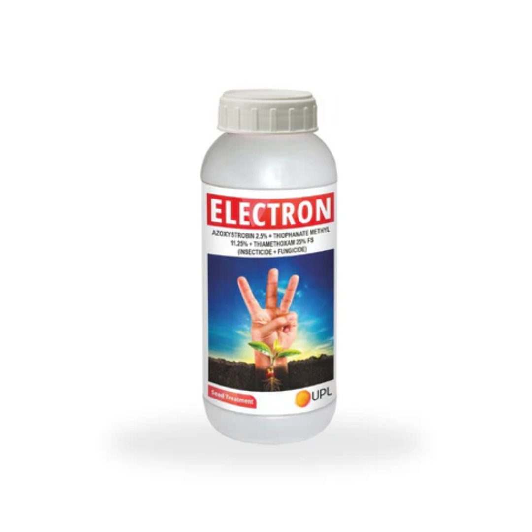 Electron Insecto-fungicide containing Azoxystrobin 2.5%, Thiophanate-Methyl 11.25%, and Thiamethoxam 25% FS for controlling fungal diseases and insect pests in crops.