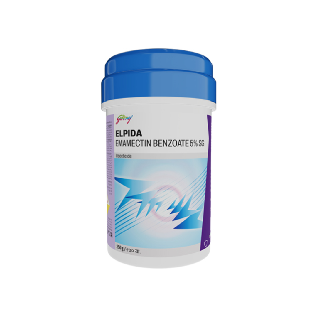 Elpida Emamectin Benzoate 5% SG water-soluble granules used for lepidopteran pest control in crops.