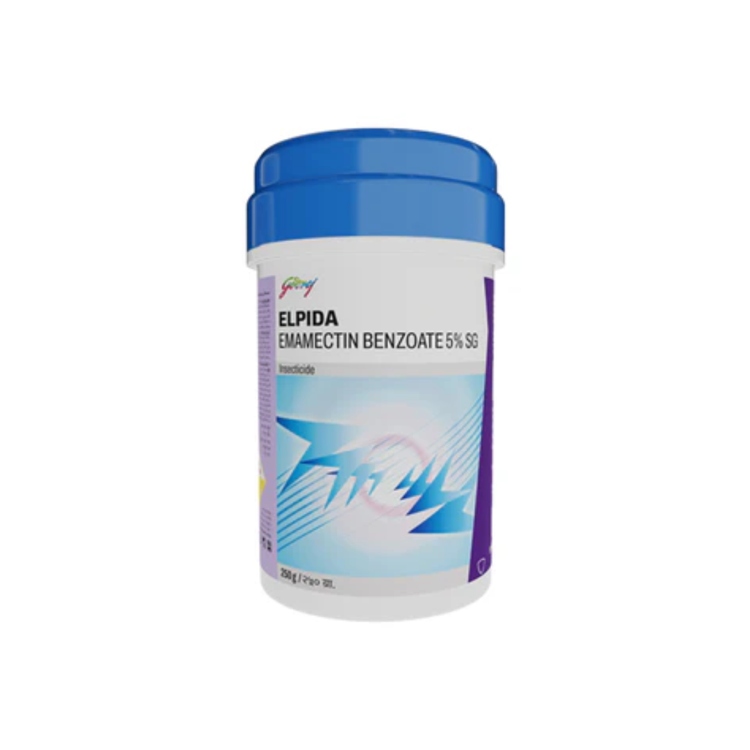 Elpida is a soluble granule insecticide containing Emamectin Benzoate 5% SG, offering fast and effective control of lepidopteran pests like bollworms and fruit borers in various crops.