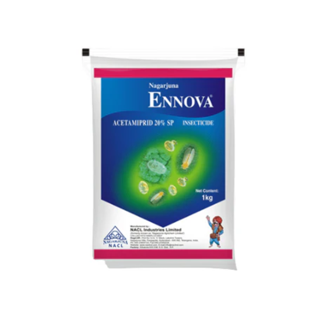 "Ennova Insecticide – Acetamiprid 20% SP by Nichino, a systemic insecticide providing broad-spectrum control of sucking pests like aphids, whiteflies, jassids, and thrips on vegetables, fruits, and cash crops through foliar spray application."