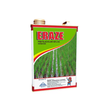 "Eraze is a selective pre-emergence herbicide containing Pretilachlor 50% EC, designed to control annual grasses and broadleaf weeds, including Cyperus rotundus (nutsedge), in transplanted rice. It provides long-lasting residual weed control and is rainfast within 2 hours."