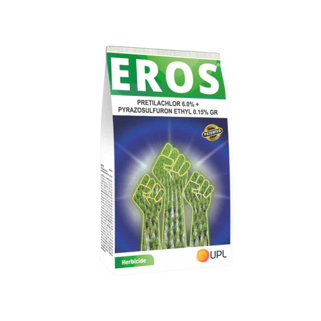 Eros Herbicide (Pretilachlor 6.0% + Pyrazosulfuron Ethyl 0.15% GR) from UPL – a granular systemic herbicide for rice that selectively controls grassy and broadleaf weeds, ensuring healthy crop growth and higher yield.