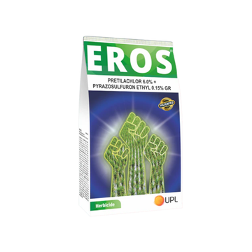 Eros Herbicide (Pretilachlor 6.0% + Pyrazosulfuron Ethyl 0.15% GR) from UPL – a granular systemic herbicide for rice that selectively controls grassy and broadleaf weeds, ensuring healthy crop growth and higher yield.