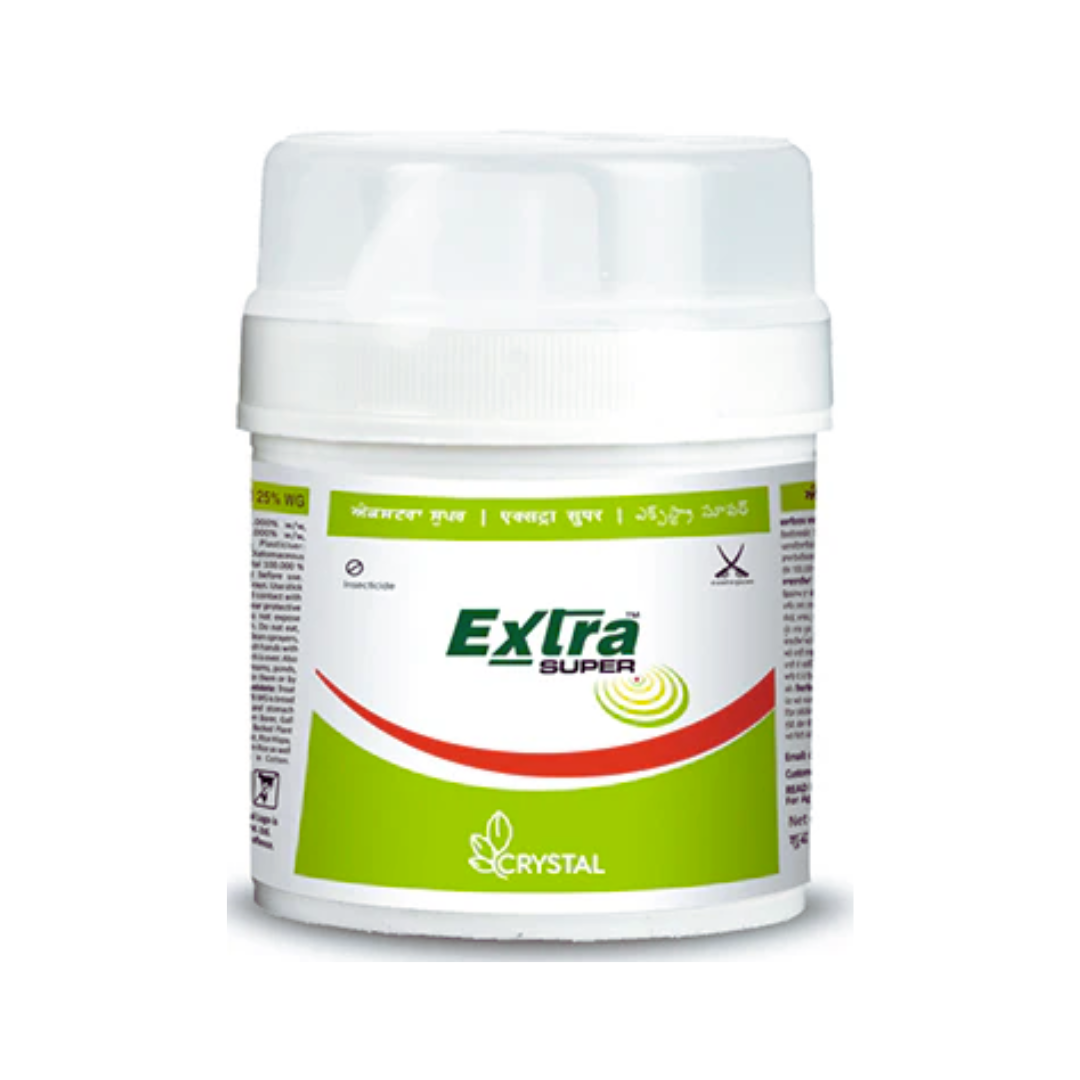 Extra Super insecticide pack displaying formulation - Thiamethoxam 25% WG - a systemic, water-dispersible granule insecticide used for controlling sucking pests like aphids, whiteflies, and leafhoppers in crops such as vegetables, fruits, and cereals, promoting healthy growth and improved yield.