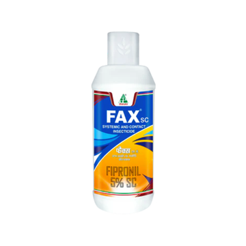 Fax SC Insecticide (Fipronil 5% SC) – a systemic and contact insecticide by Dhanuka for effective control of soil and foliar pests in crops like rice, cotton, and vegetables.