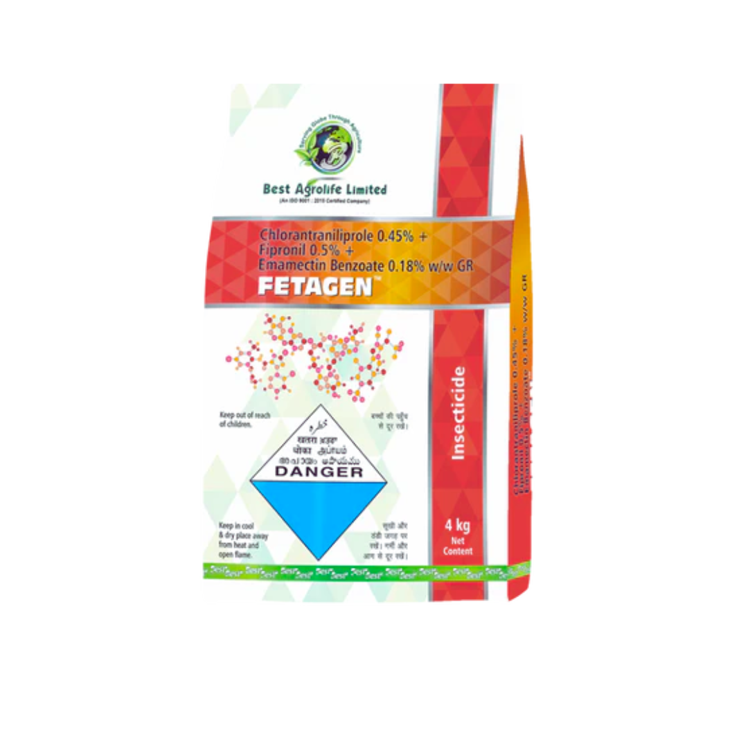 Fetagen insecticide bottle labeled with its formulation  Chlorantraniliprole (0.45%) + Fipronil (0.5%) + Emamectin Benzoate (0.18%) - used for effective control of a wide range of insect pests in various crops, promoting healthy plant growth and improved yield.