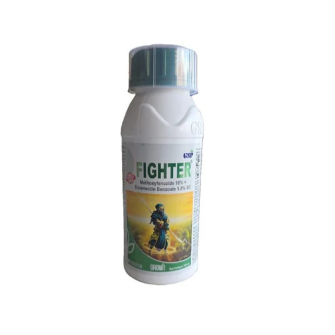 Fighter is a foliar insecticide containing Methoxyfenozide 18% + Emamectin Benzoate 1.8% SC, providing fast and effective control of lepidopteran pests in crops.