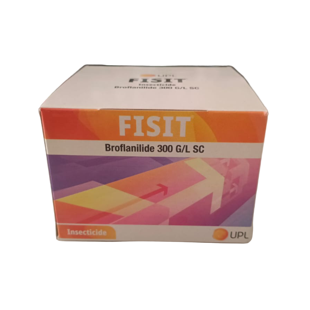 Fisit insecticide by UPL (Broflanilide 300 g/L SC) bottle, used for controlling sucking and chewing pests in cotton, vegetables, paddy, and fruit crops.