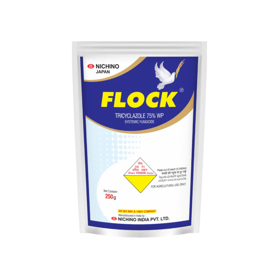 Flock Fungicide is a wettable powder (WP) containing Tricyclazole 75%, designed to control rice blast disease in paddy by inhibiting fungal growth. It provides effective protection during critical crop stages, improving plant health and yield.