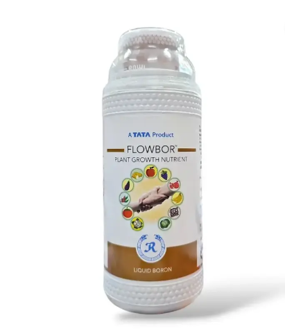 Tata Flowbor plant growth nutrient bottle with label, boron-rich micronutrient solution for improving flowering, fruit setting, and overall crop health